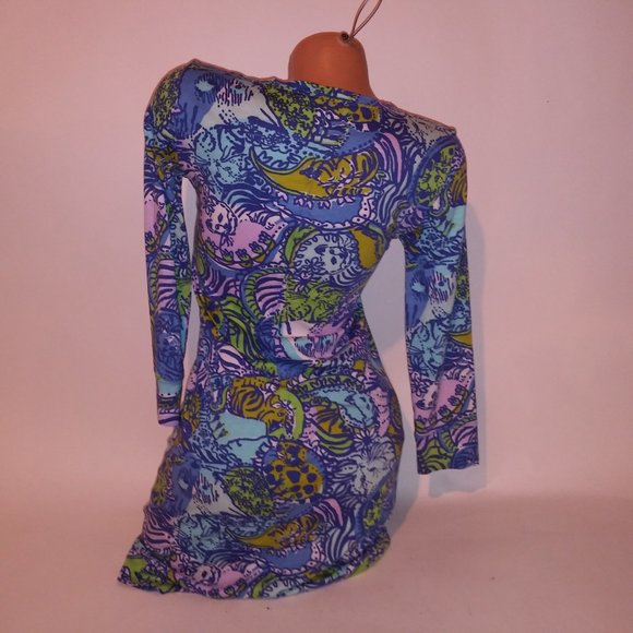 Lilly Pulitzer Shirt Dress XS Blue Green Cats V Neck Pit to Pit 17" Length 34" P - Picture 9 of 12